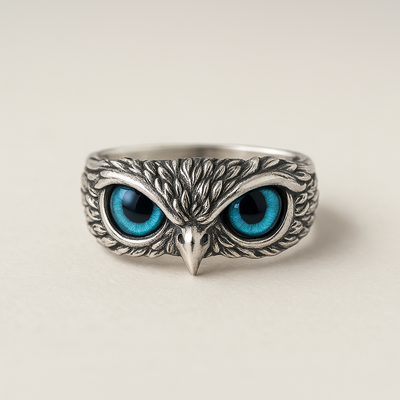 Owl of Good Luck Adjustable Ring in Silver and Opal