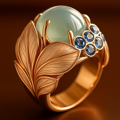 Greenish Stone Exotic Gold Leaf Ring
