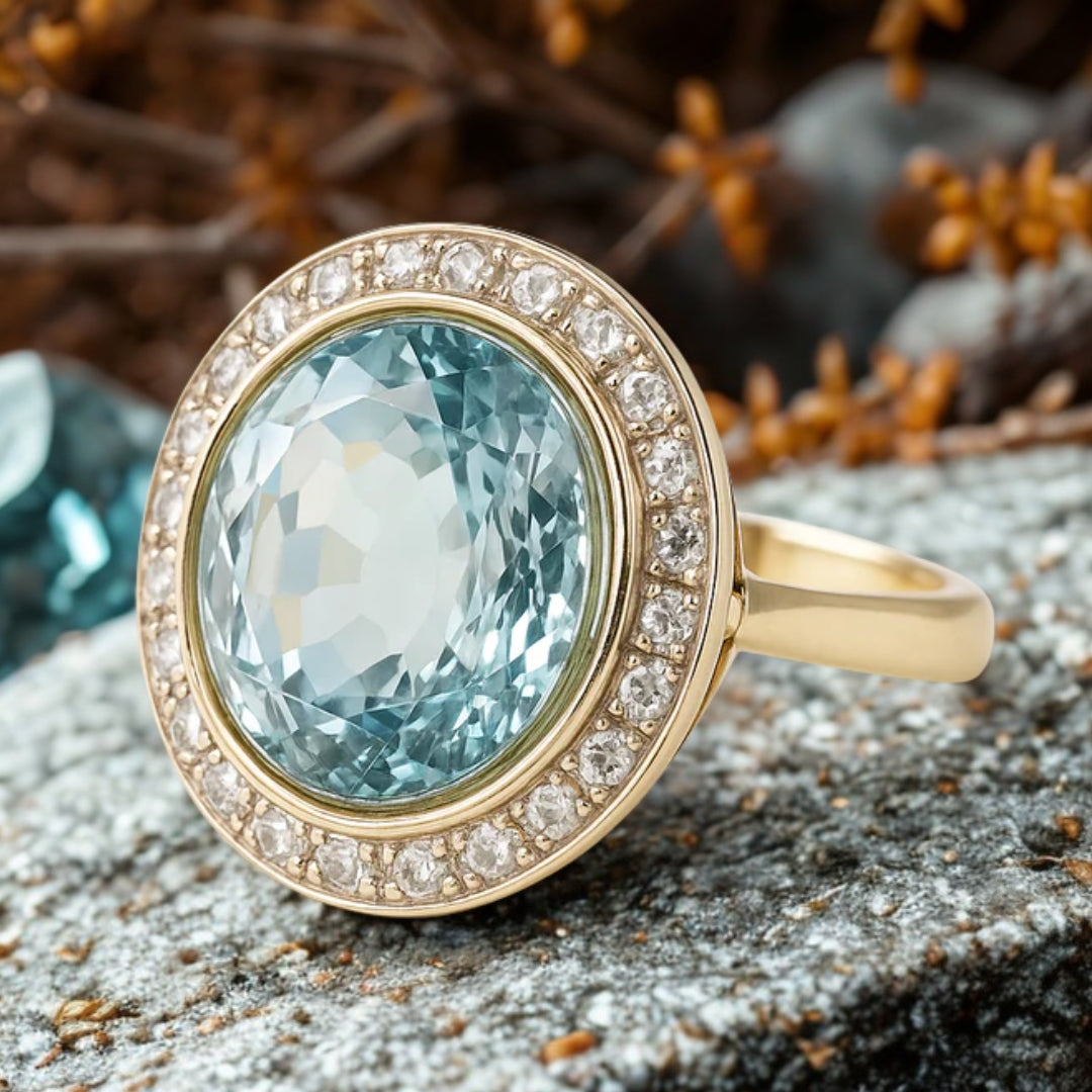 Rounded Blue Glass Gold Ring